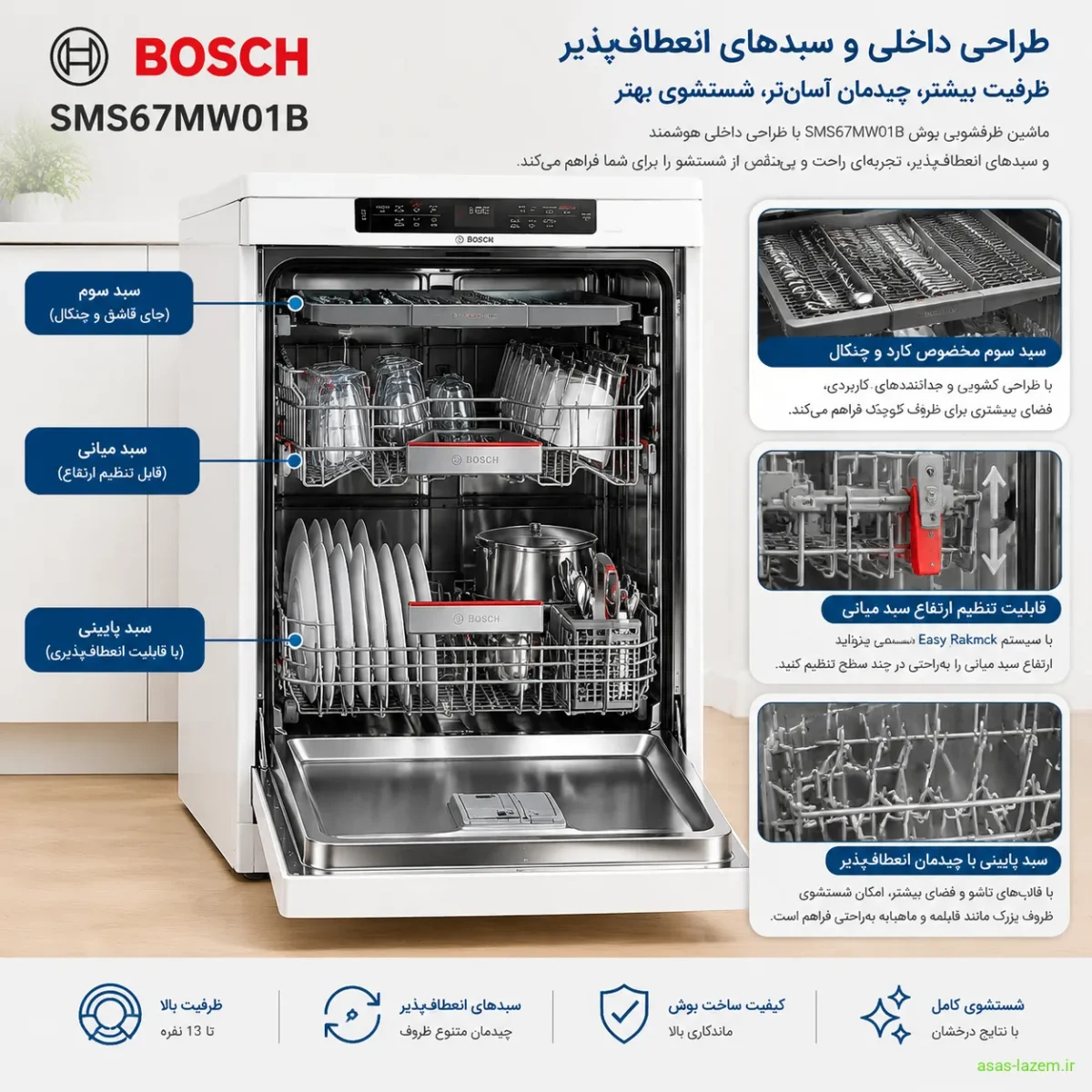 طراحی داخلی و سبدهای انعطاف‌پذیر ماشین ظرفشویی بوش SMS67MW01B