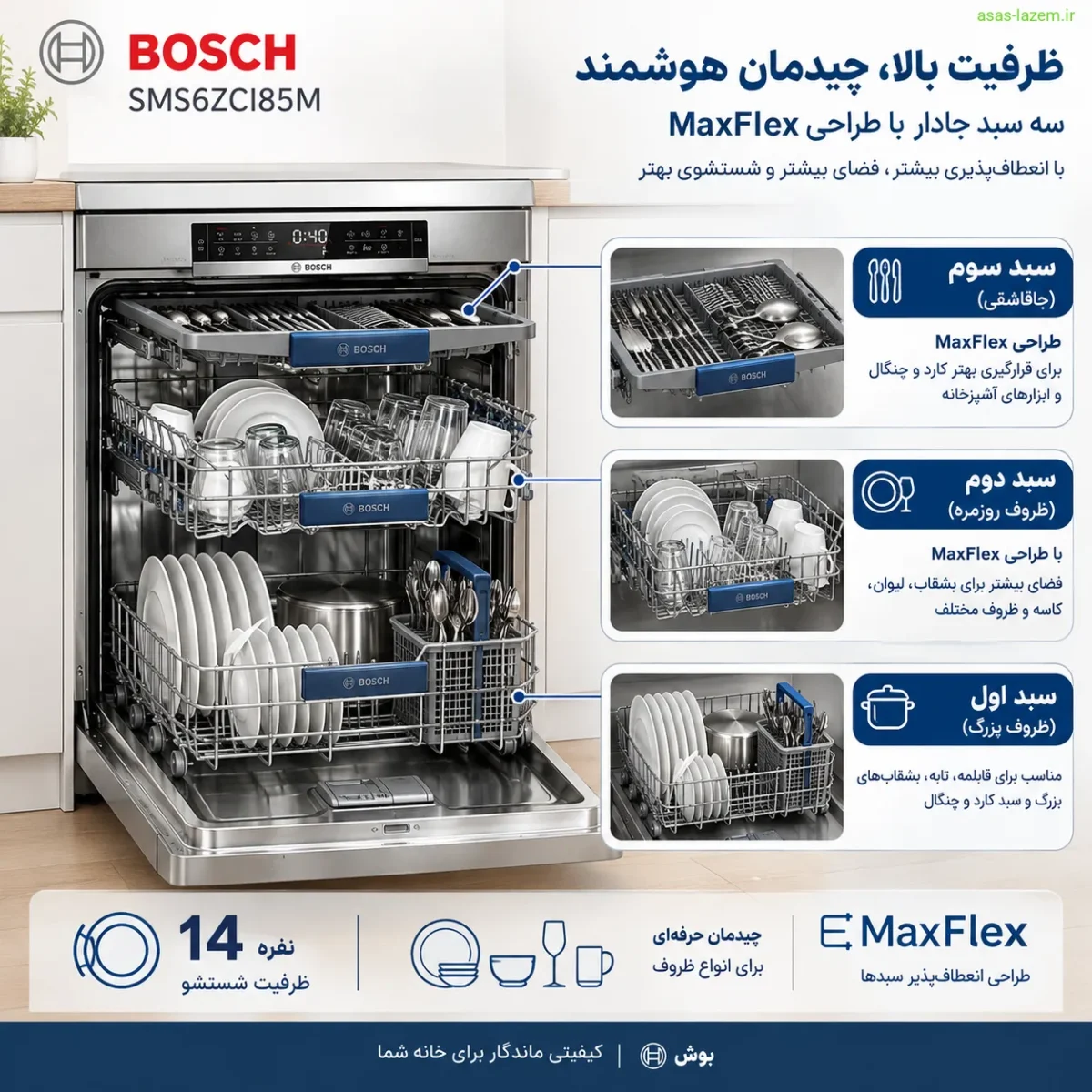 ظرفیت و چیدمان سه سبد ماشین ظرفشویی بوش SMS6ZCI85M با طراحی MaxFlex