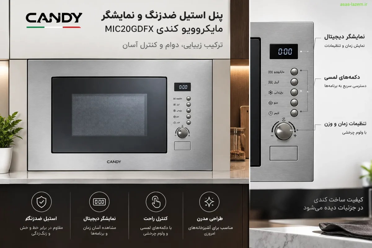 پنل استیل و طراحی مینیمال مایکروویو کندی پنل استیل ضدزنگ و نمایشگر مایکروویو کندی MIC20GDFX