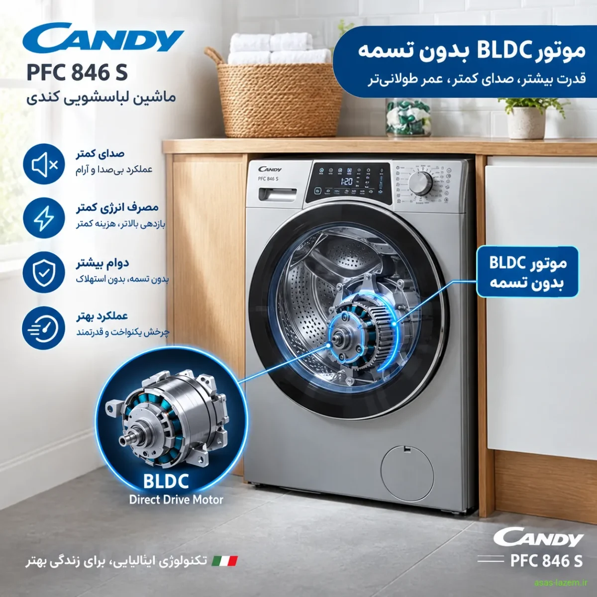 موتور BLDC؛ قلب کمصدا و بادوام ماشین لباسشویی کندی موتور BLDC بدون تسمه در ماشین لباسشویی کندی PFC 846 S