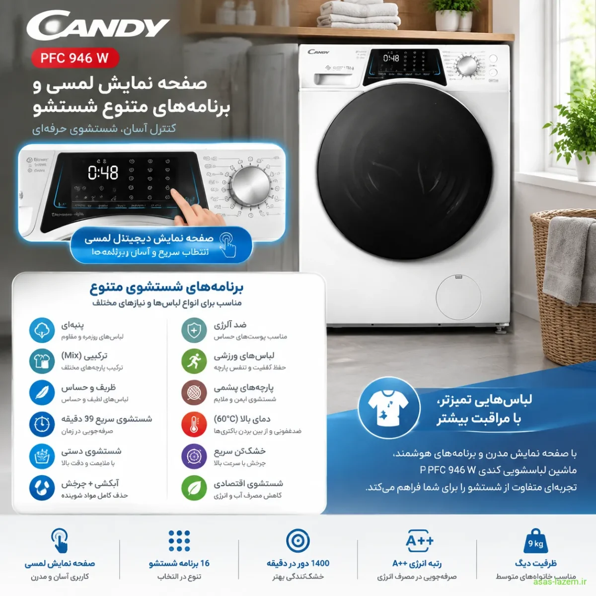 صفحه نمایش و برنامه‌های شستشوی ماشین لباسشویی کندی PFC 946 W