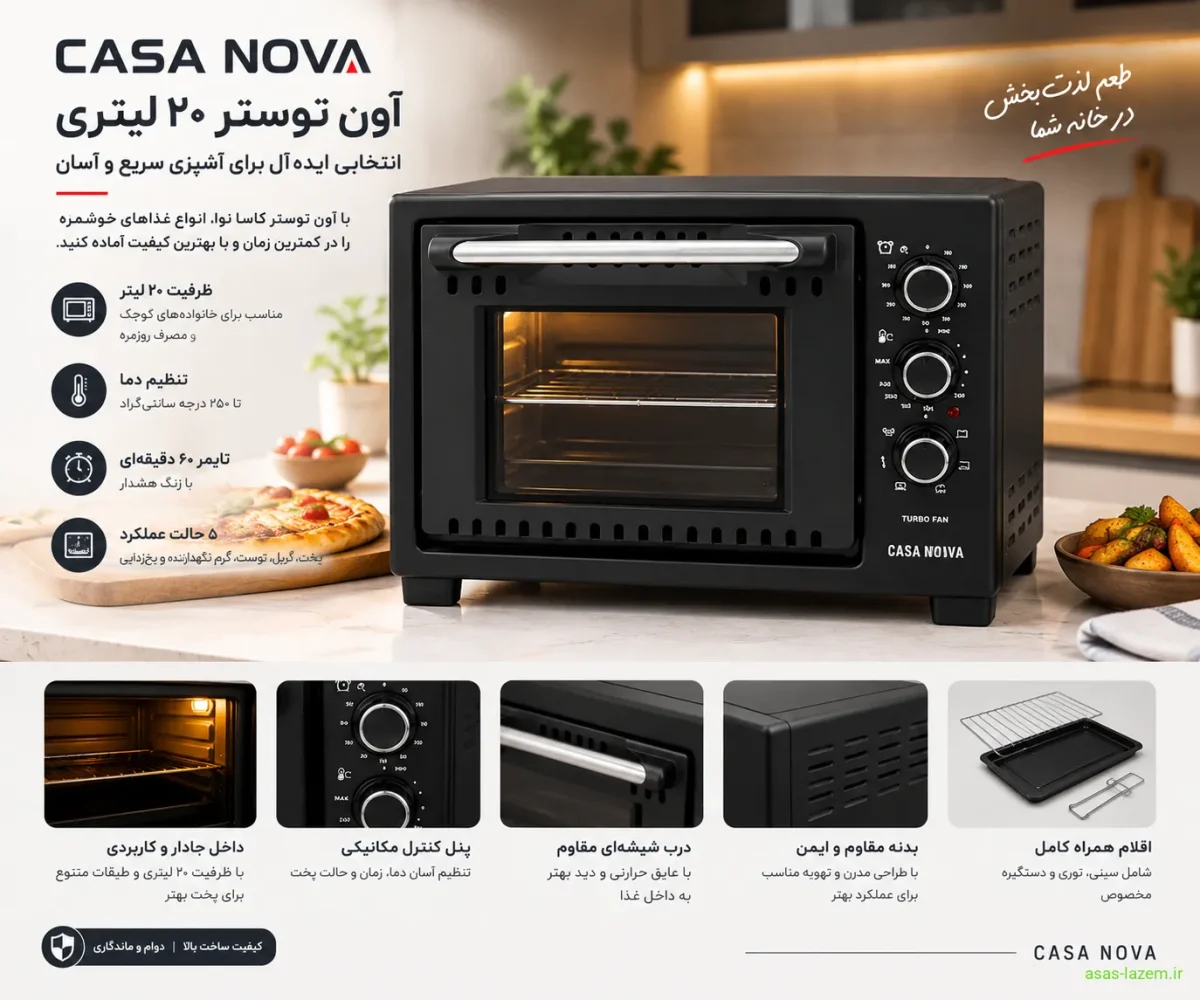 طراحی و ظاهر آون توستر ۲۰ لیتری کاسا نوا