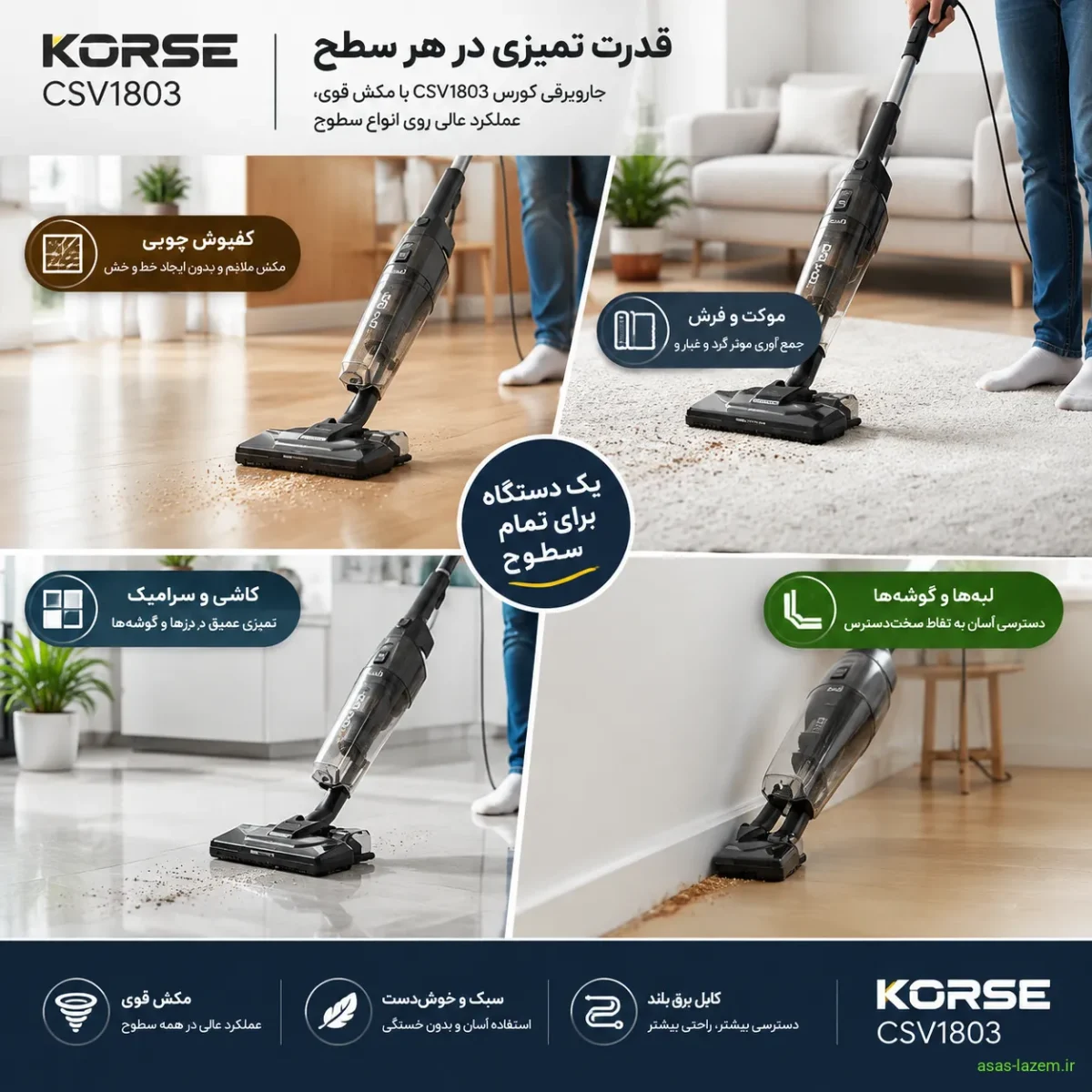 بررسی عملکرد و مکش جاروبرقی کورس CSV1803 عملکرد جاروبرقی کورس CSV1803 روی سطوح مختلف