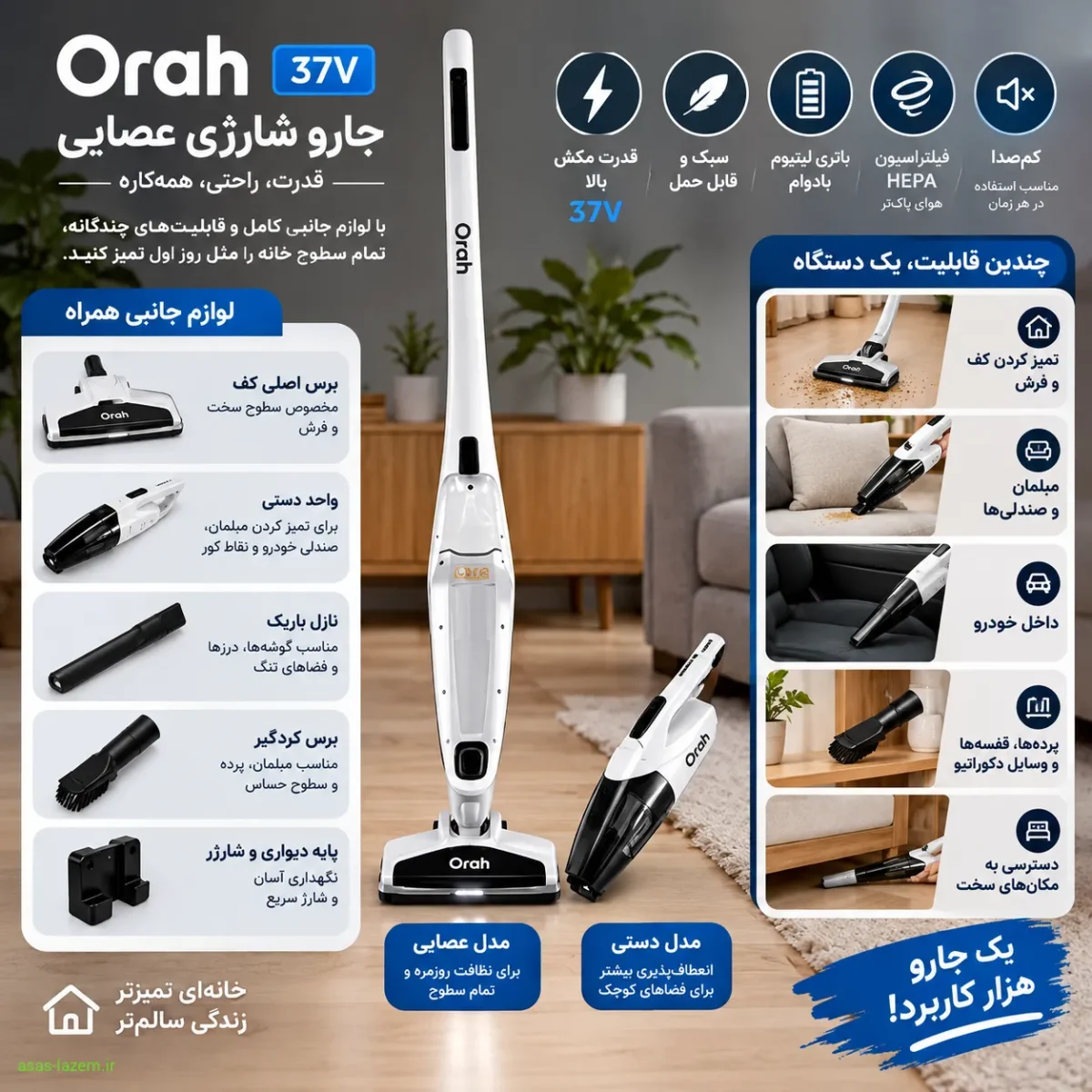 لوازم جانبی و قابلیت‌های چندگانه جارو شارژی عصایی Create Orah 37V