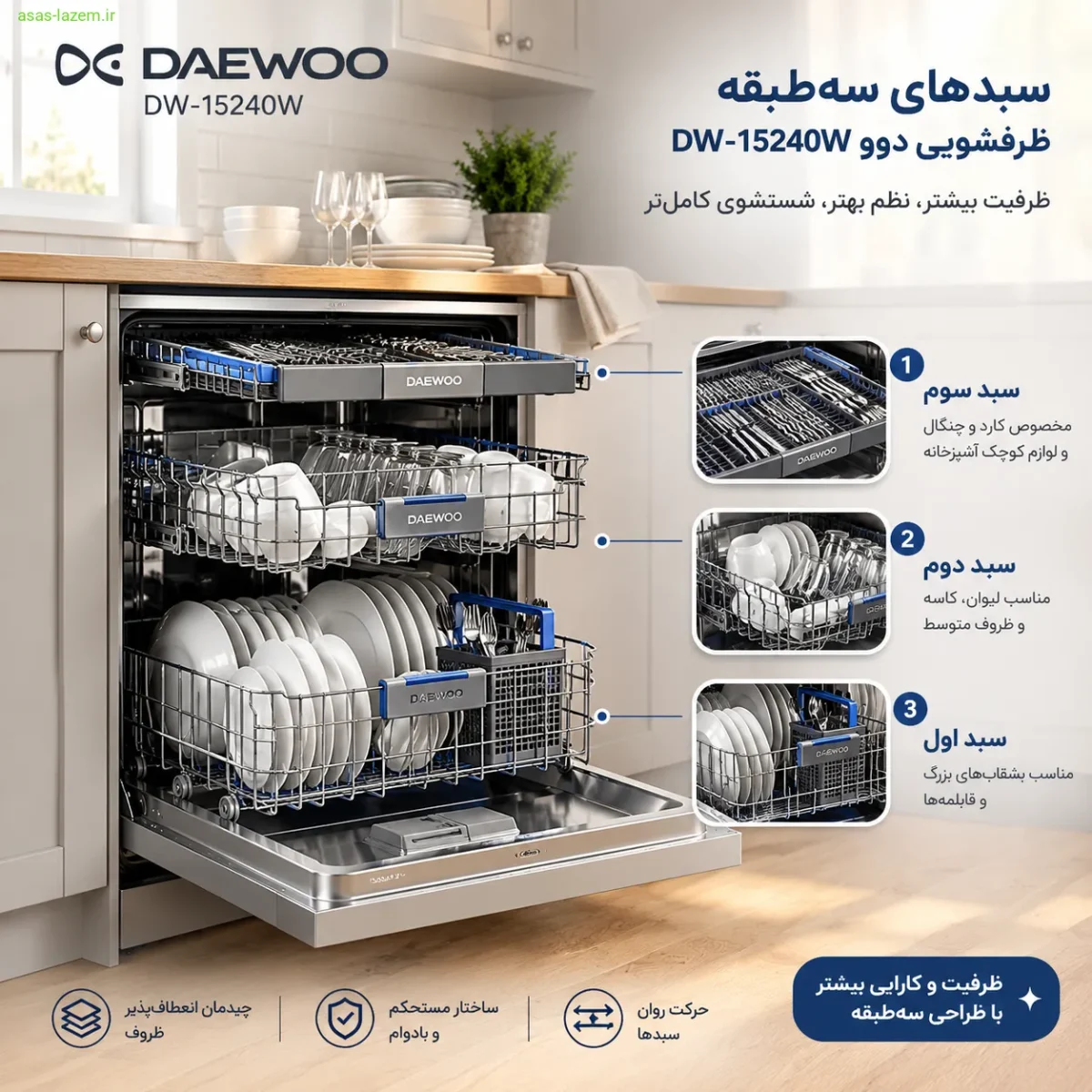 سبدهای سه‌طبقه ماشین ظرفشویی دوو DW-15240W