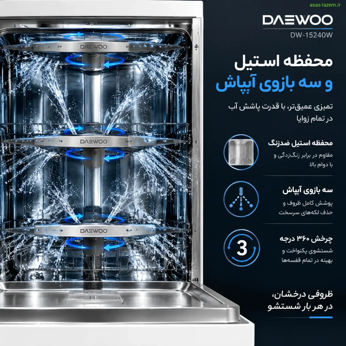 محفظه استیل و سه بازوی آبپاش ماشین ظرفشویی دوو DW-15240W