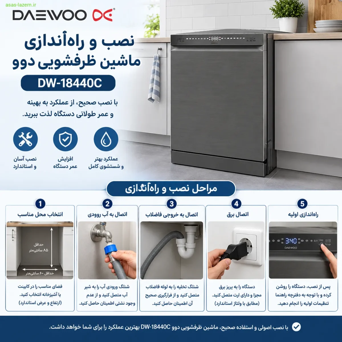 نصب و راه‌اندازی ماشین ظرفشویی دوو DW-18440C