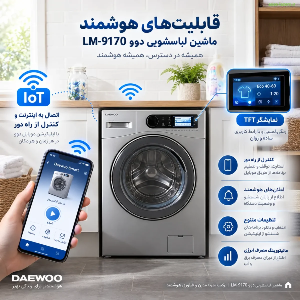 قابلیت‌های هوشمند ماشین لباسشویی دوو LM-9170 شامل IOT و نمایشگر TFT