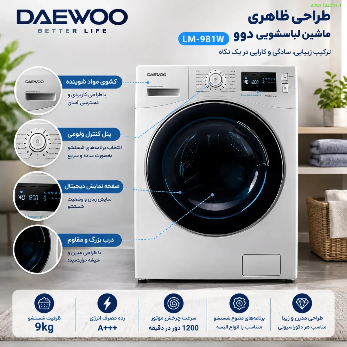 طراحی ظاهری ماشین لباسشویی دوو LM-981W