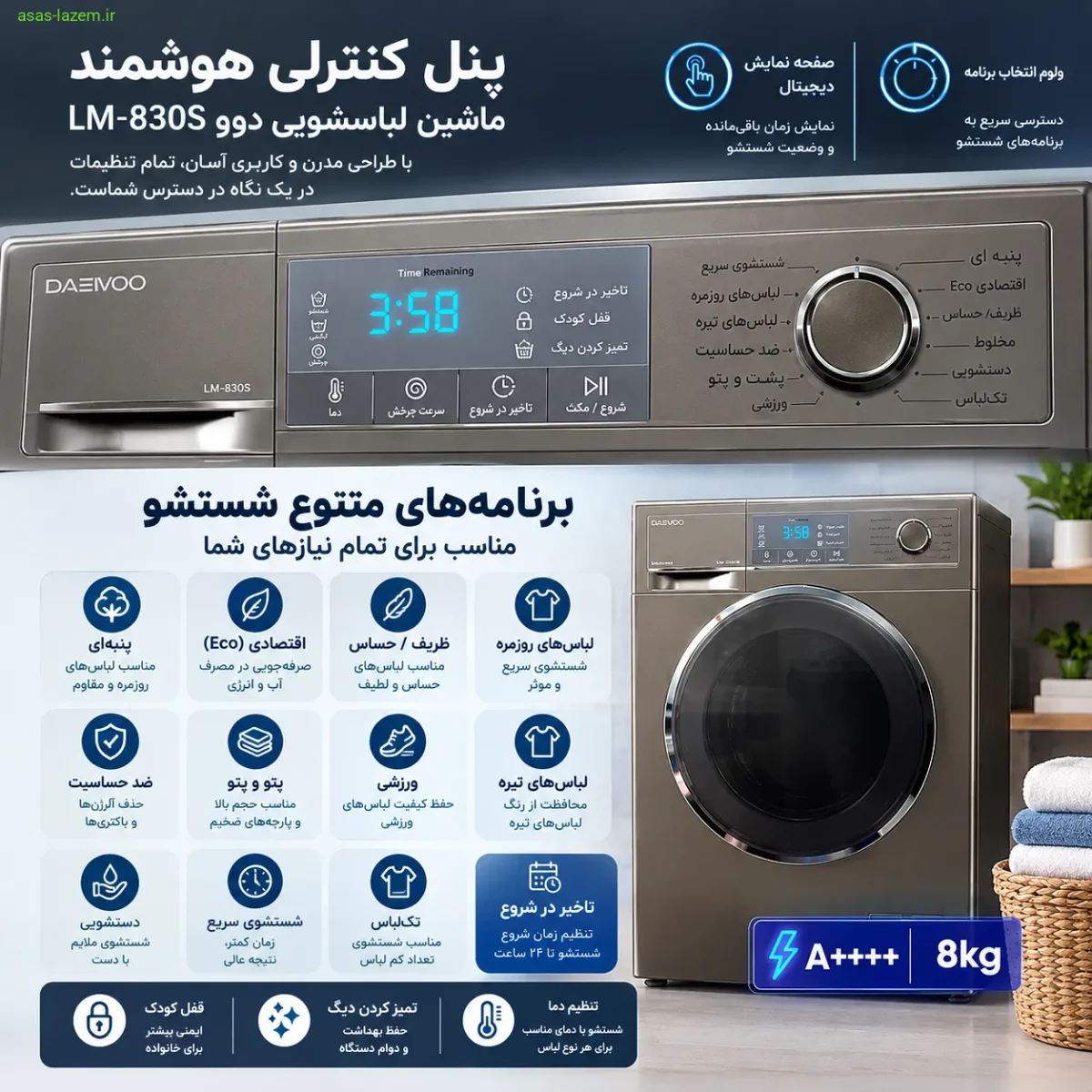 پنل کنترلی و برنامه‌های شستشوی ماشین لباسشویی دوو LM-830S