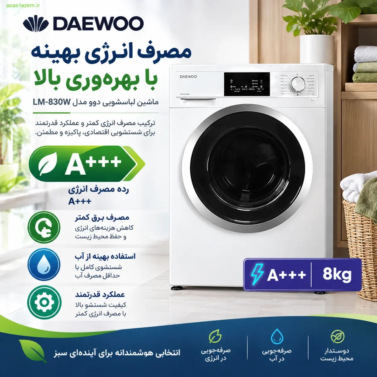 مصرف انرژی و بهره‌وری ماشین لباسشویی دوو LM-830W