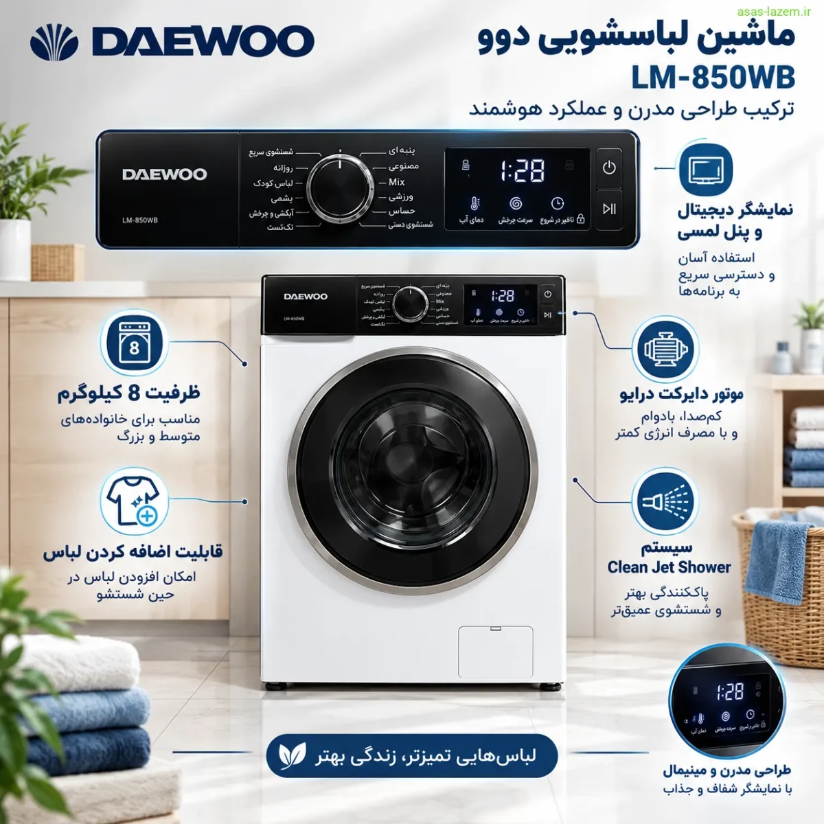 طراحی و نمایشگر ماشین لباسشویی دوو LM-850WB