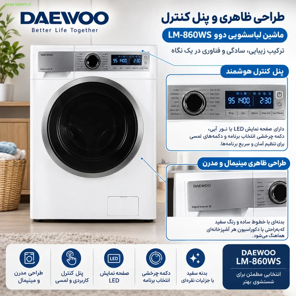 طراحی ظاهری و پنل کنترل ماشین لباسشویی دوو LM-860WS