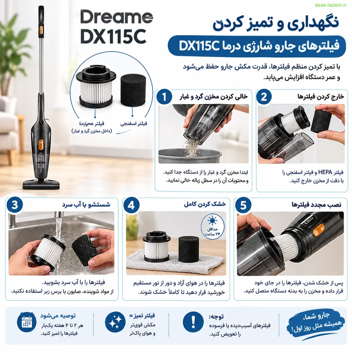 نگهداری و تمیز کردن فیلترهای جارو شارژی درما DX115C