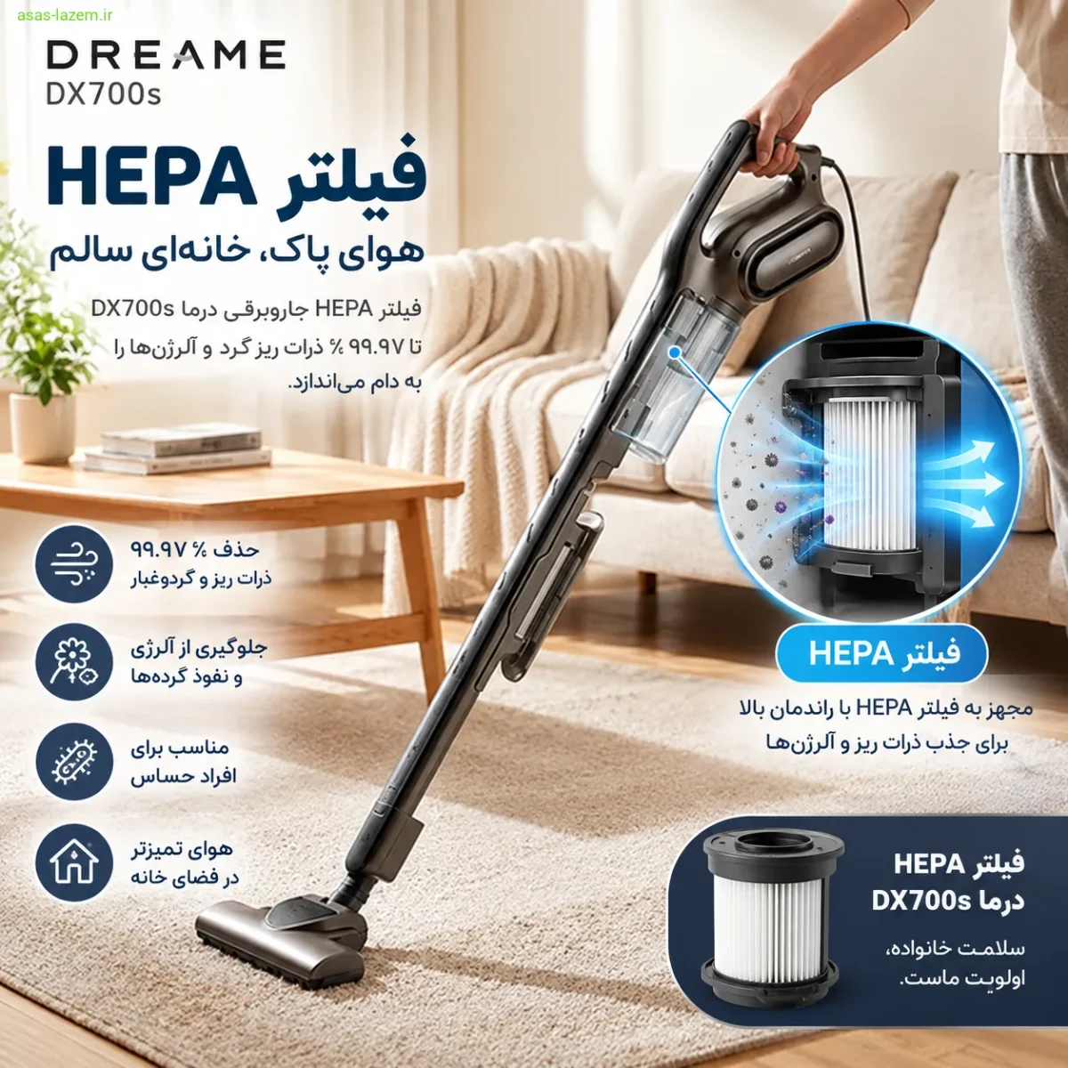سیستم فیلتراسیون سه لایه جاروبرقی درما DX700s فیلتر HEPA جاروبرقی درما DX700s