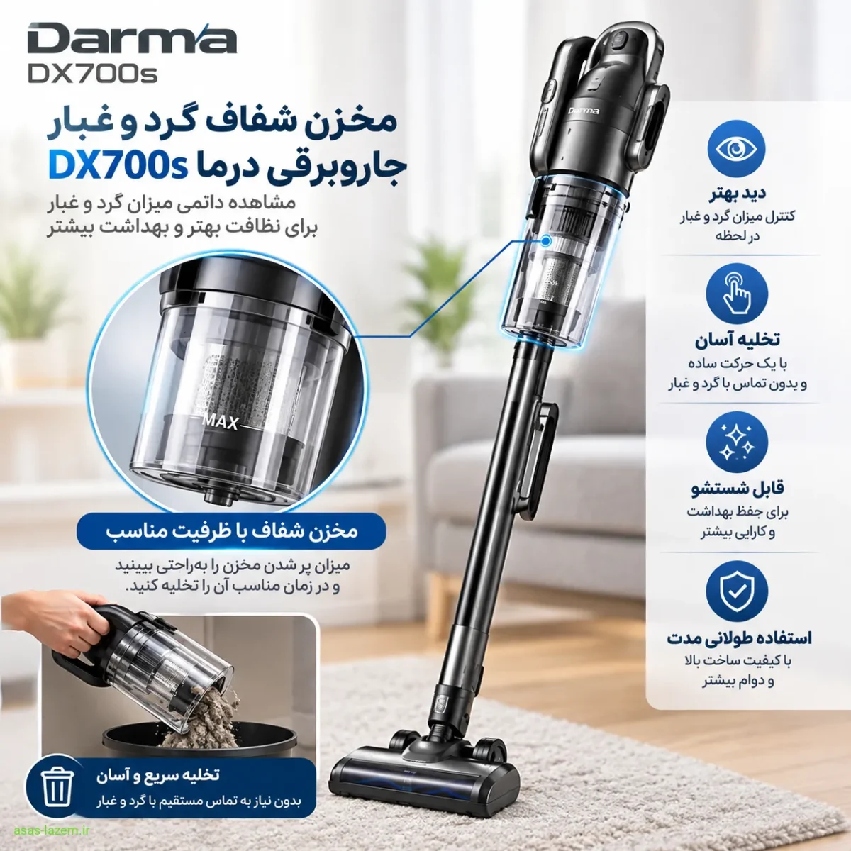 مخزن بدون کیسه جاروبرقی درما DX700s مخزن شفاف گرد و غبار جاروبرقی درما DX700s