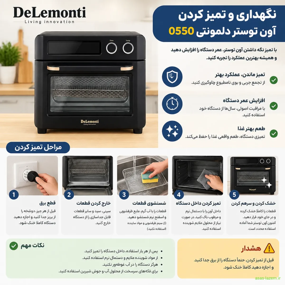 نگهداری و تمیز کردن آون توستر دلمونتی ۰۵۵۰