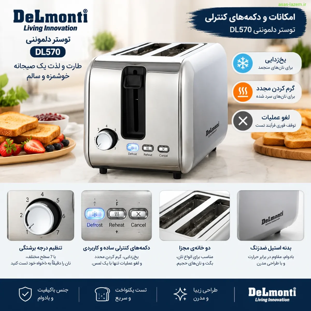 امکانات و دکمه‌های کنترلی توستر دلمونتی DL570 شامل یخ‌زدایی و گرم کردن مجدد