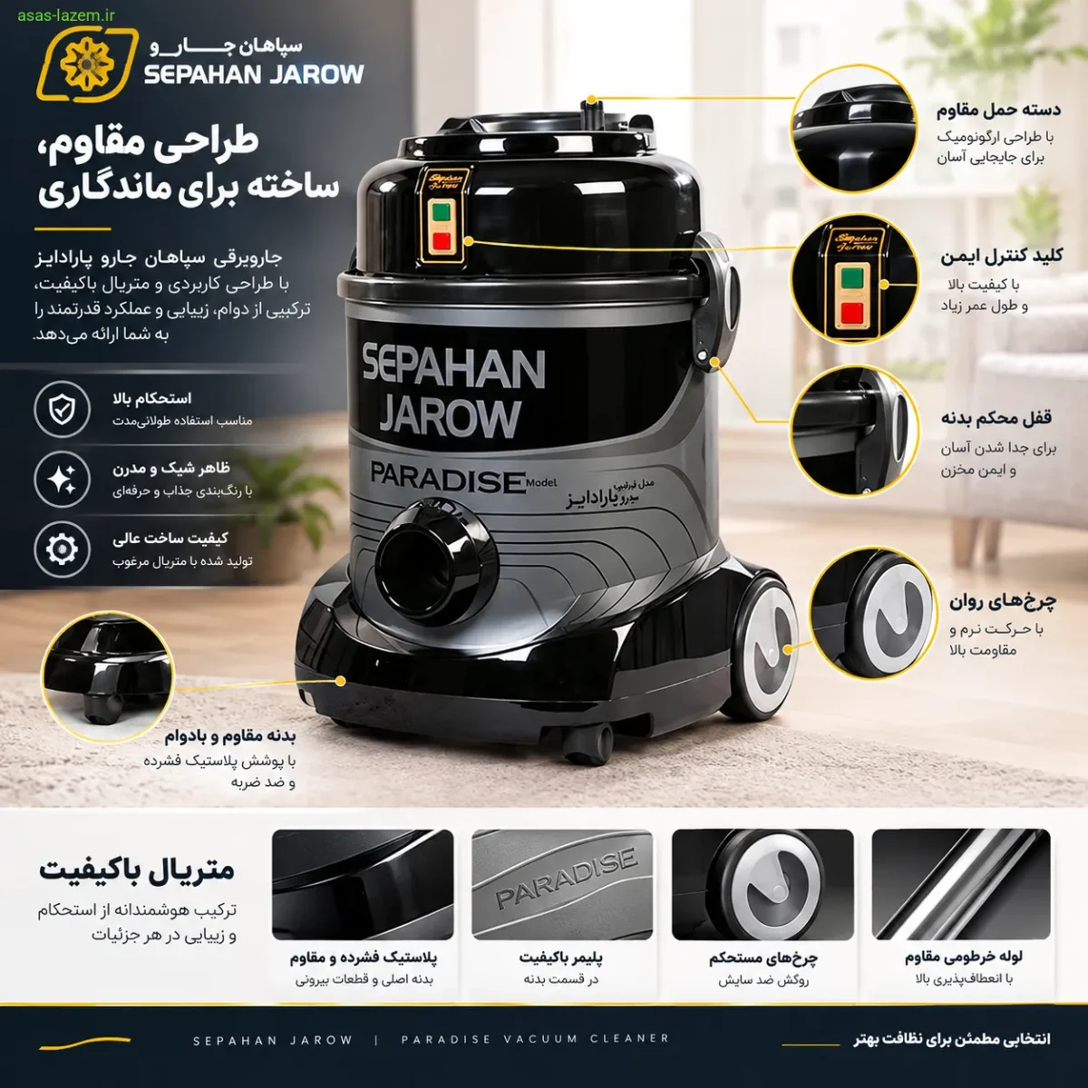 طراحی بدنه و متریال جاروبرقی سپاهان جارو پارادایز