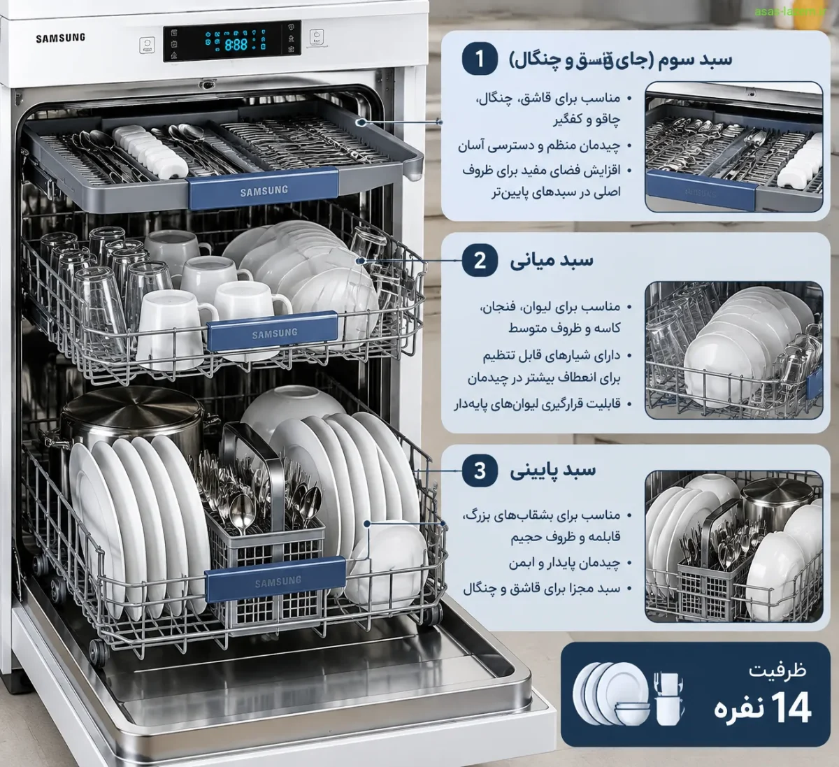 چیدمان سه سبد ماشین ظرفشویی ۱۴ نفره سامسونگ DW60M5070FW/SG