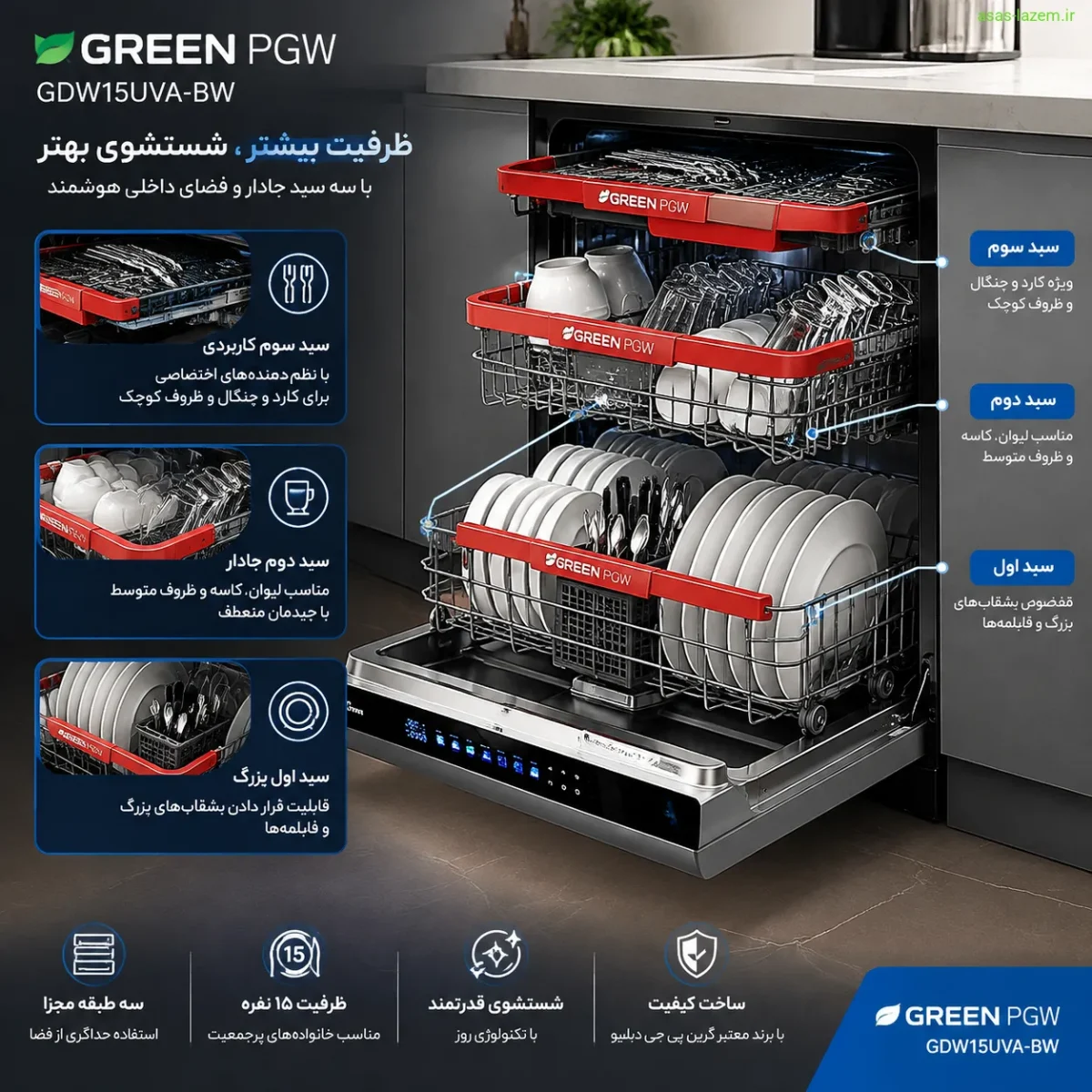 فضای داخلی و سبدهای ماشین ظرفشویی گرین پی جی دبلیو GDW15UVA-BW