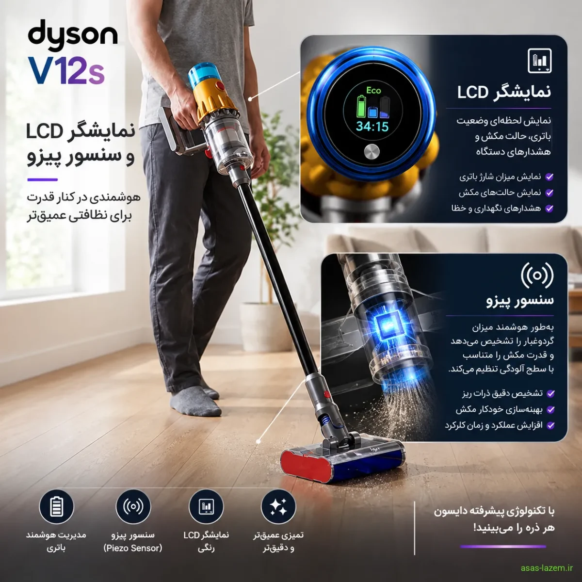 نمایشگر LCD و سنسور پیزو جارو دایسون V12s