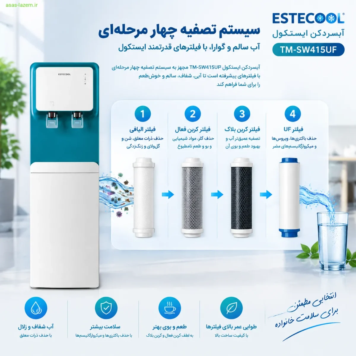 سیستم تصفیه چهار مرحله‌ای آبسردکن ایستکول TM-SW415UF