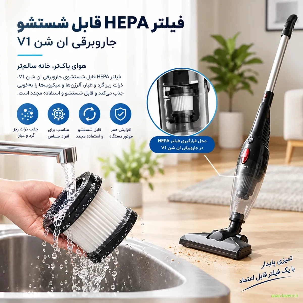 سیستم فیلتراسیون سه مرحلهای با فیلتر HEPA فیلتر HEPA قابل شستشو جاروبرقی ان شن V1