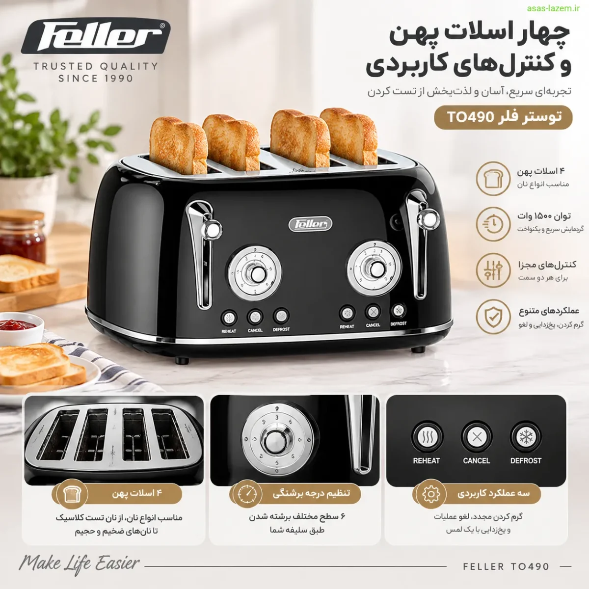 چهار اسلات پهن و کنترل‌های توستر فلر TO490