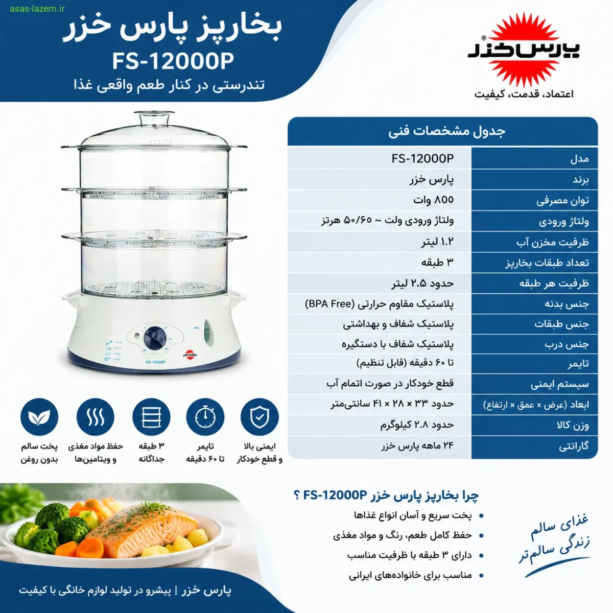 مشخصات فنی و ویژگیهای کلیدی بخارپز پارس خزر جدول مشخصات فنی بخارپز پارس خزر FS-12000P
