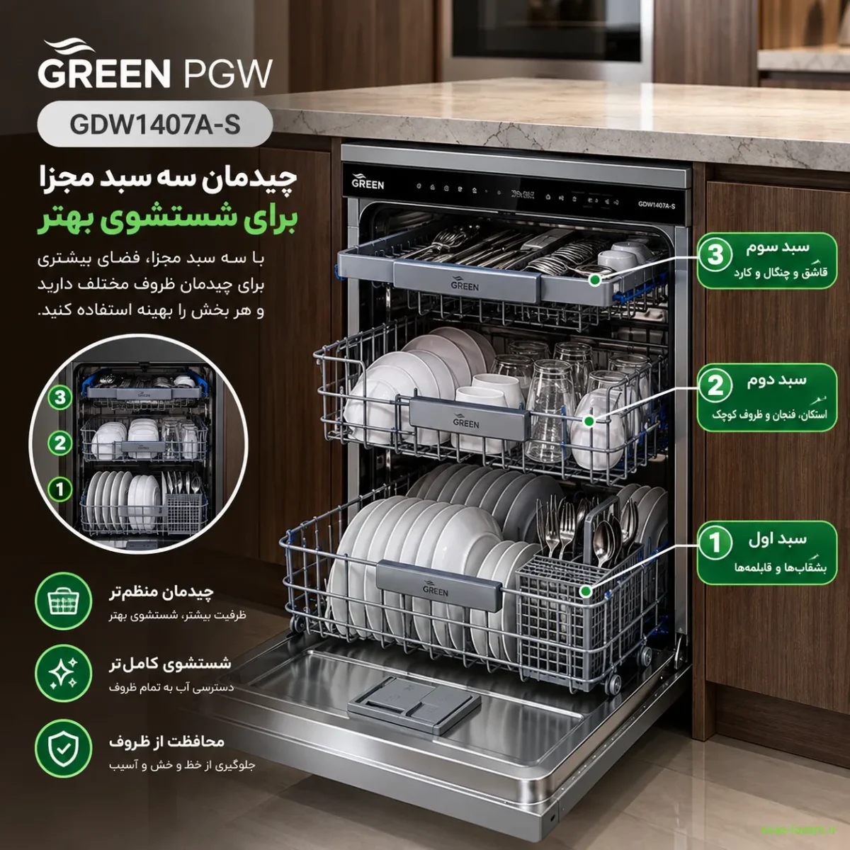چیدمان سه سبد مجزا در ماشین ظرفشویی گرین پی جی دبلیو GDW1407A-S