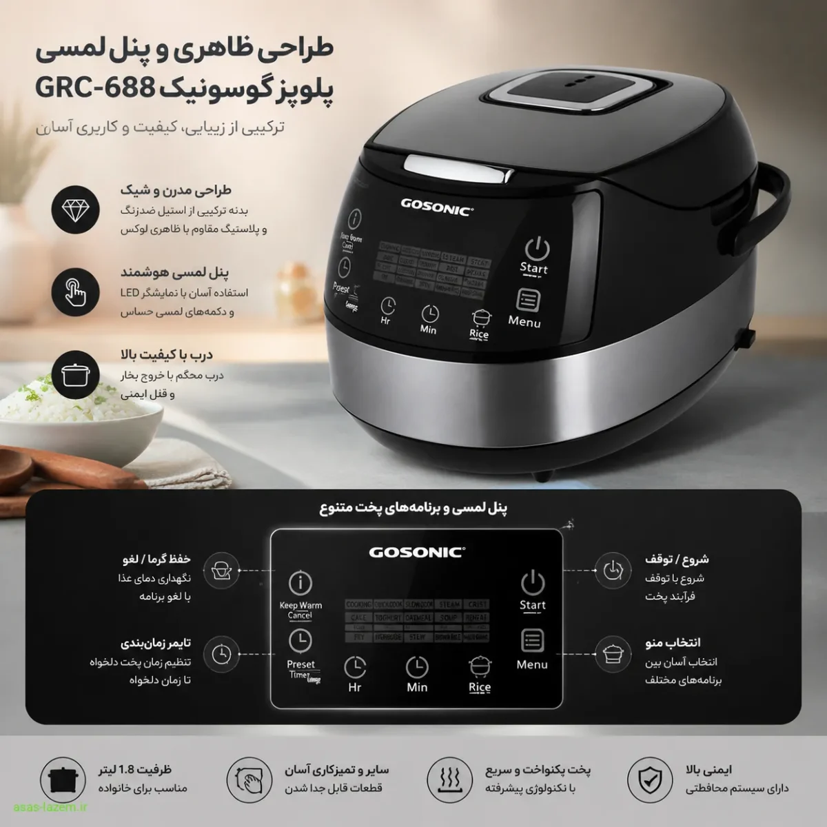 طراحی ظاهری و پنل لمسی پلوپز گوسونیک GRC-688