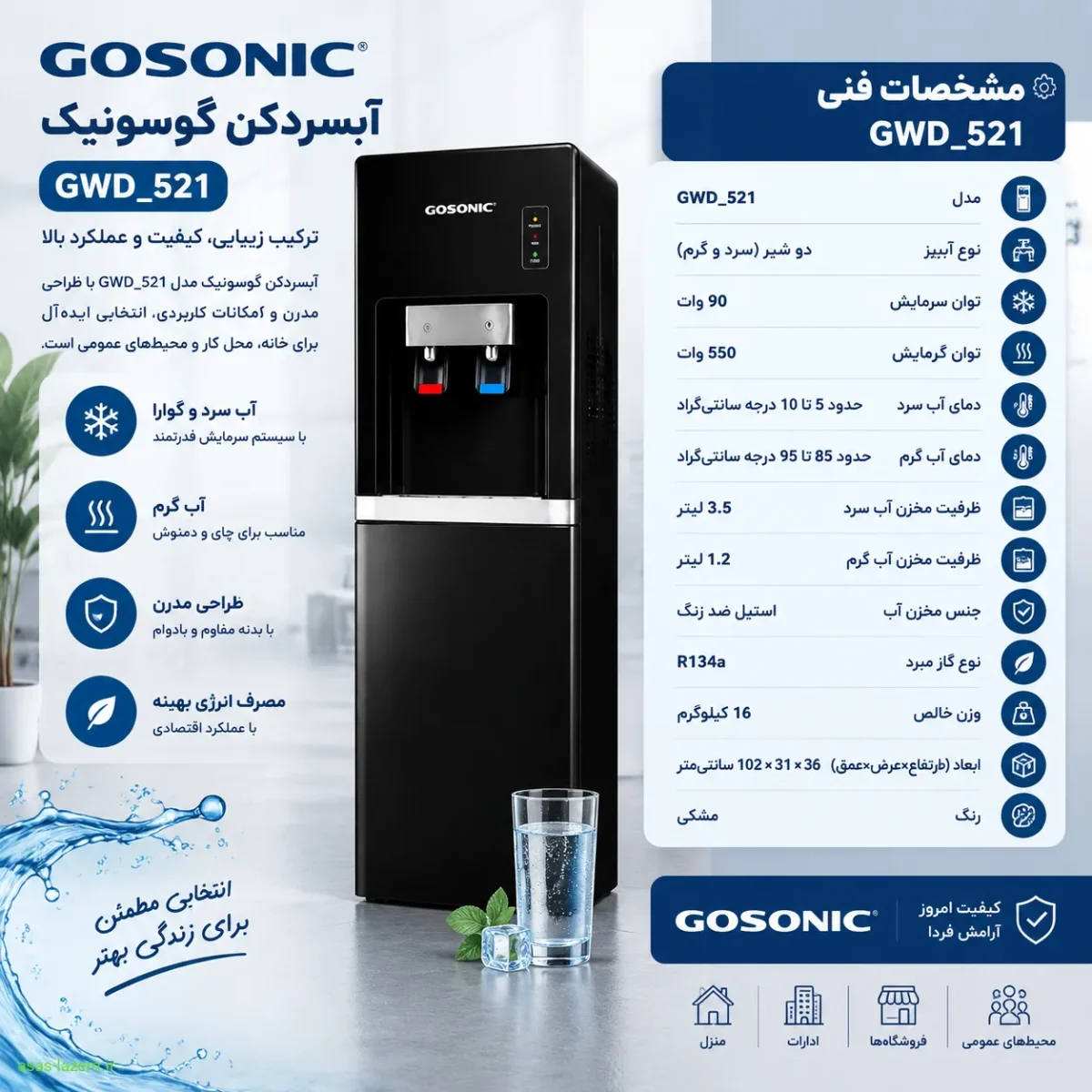 مشخصات فنی آبسردکن گوسونیک GWD_521