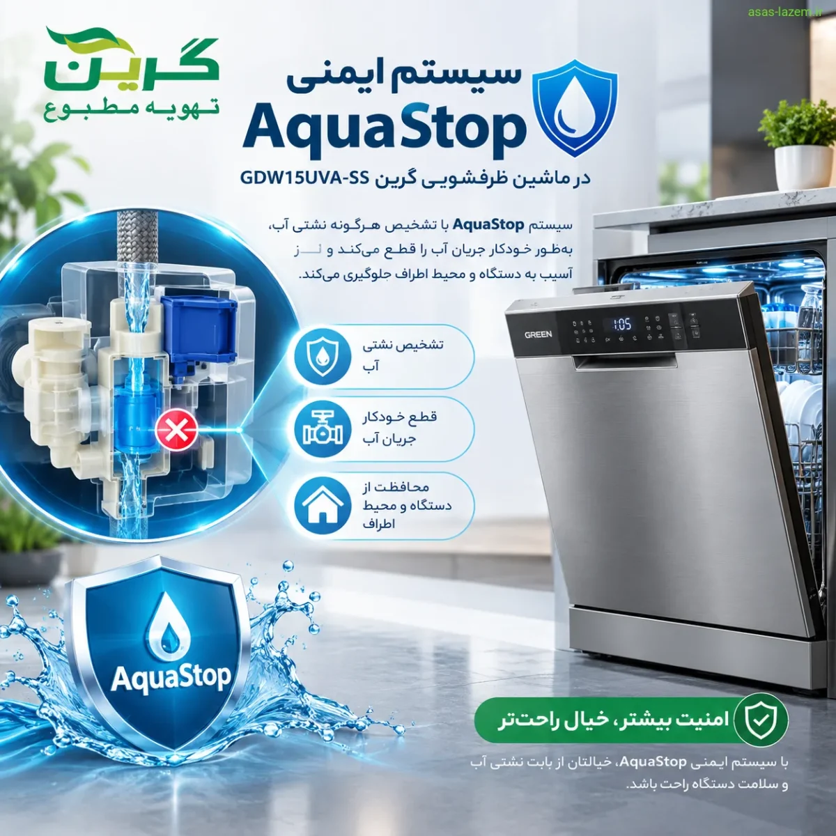 سیستم ایمنی AquaStop در ماشین ظرفشویی گرین GDW15UVA-SS