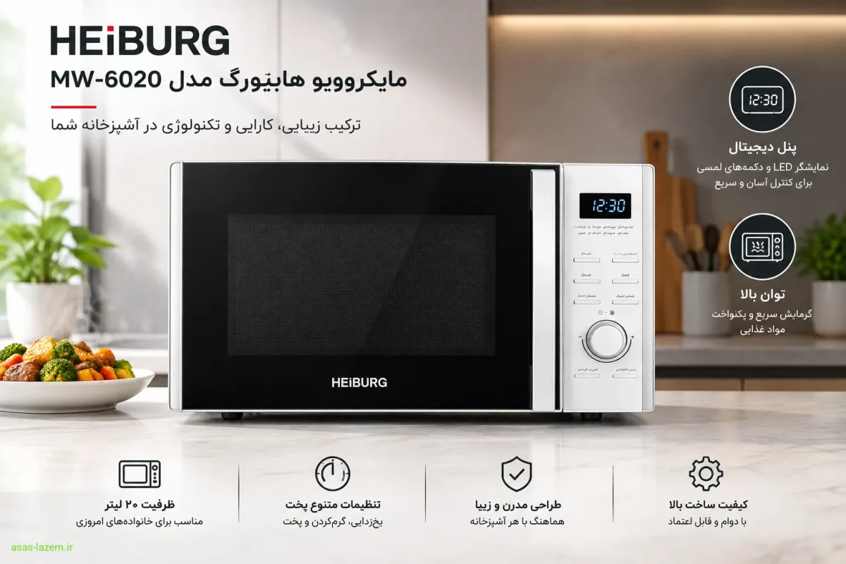 نمای کلی مایکروویو هایبورگ MW-6020 با درب بسته و پنل دیجیتال