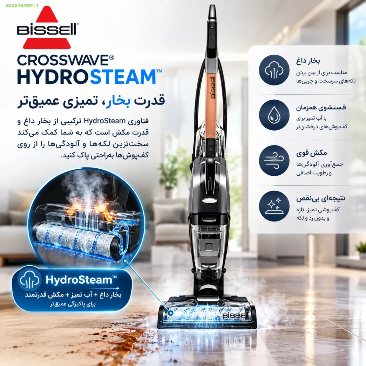 فناوری HydroSteam در جاروبرقی بیسل CROSSWAVE HYDROSTEAM