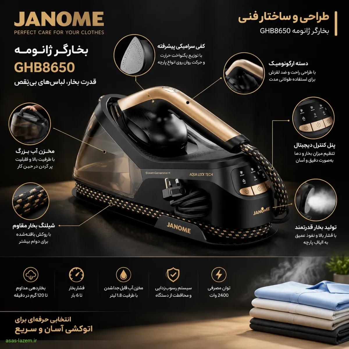 طراحی و ساختار فنی بخارگر ژانومه GHB8650 با بدنه مشکی و طلایی