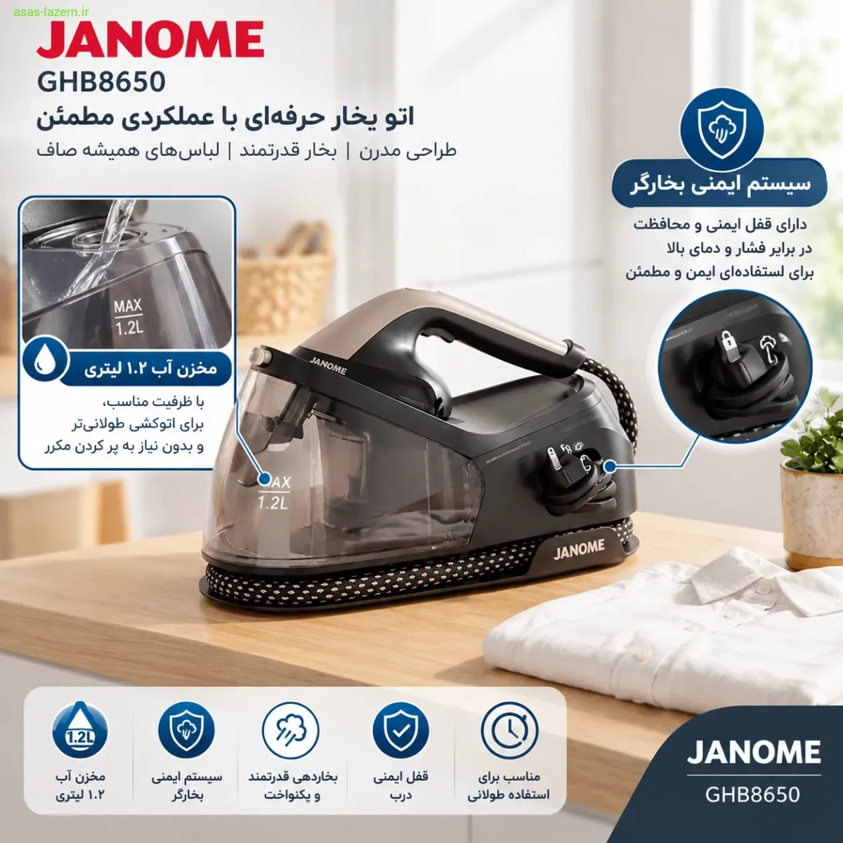 مخزن آب ۱.۲ لیتری و سیستم ایمنی بخارگر ژانومه GHB8650