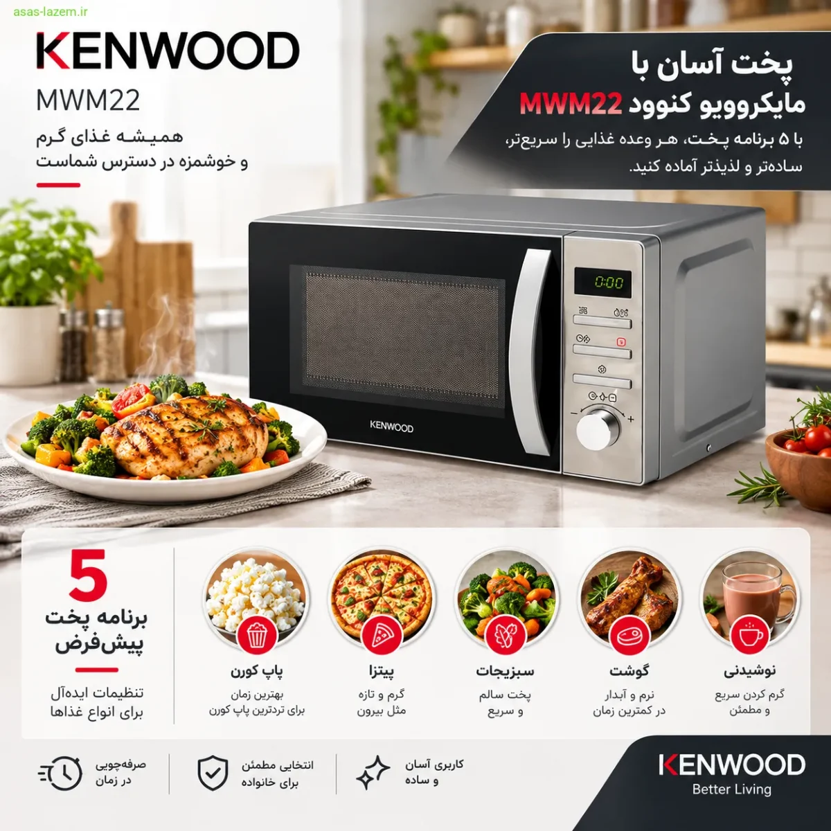 پخت غذا با مایکروویو کنوود MWM22 و ۵ برنامه پخت