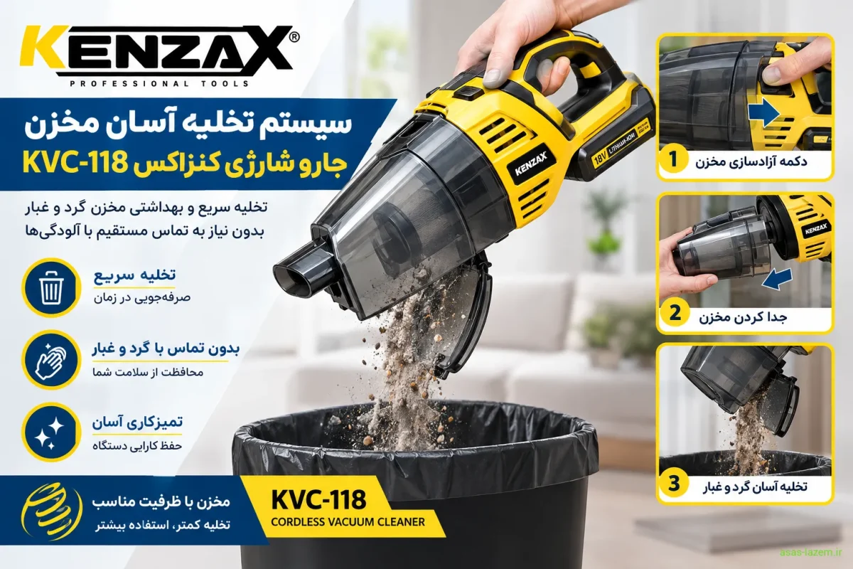 سیستم تخلیه آسان مخزن جارو شارژی کنزاکس KVC-118