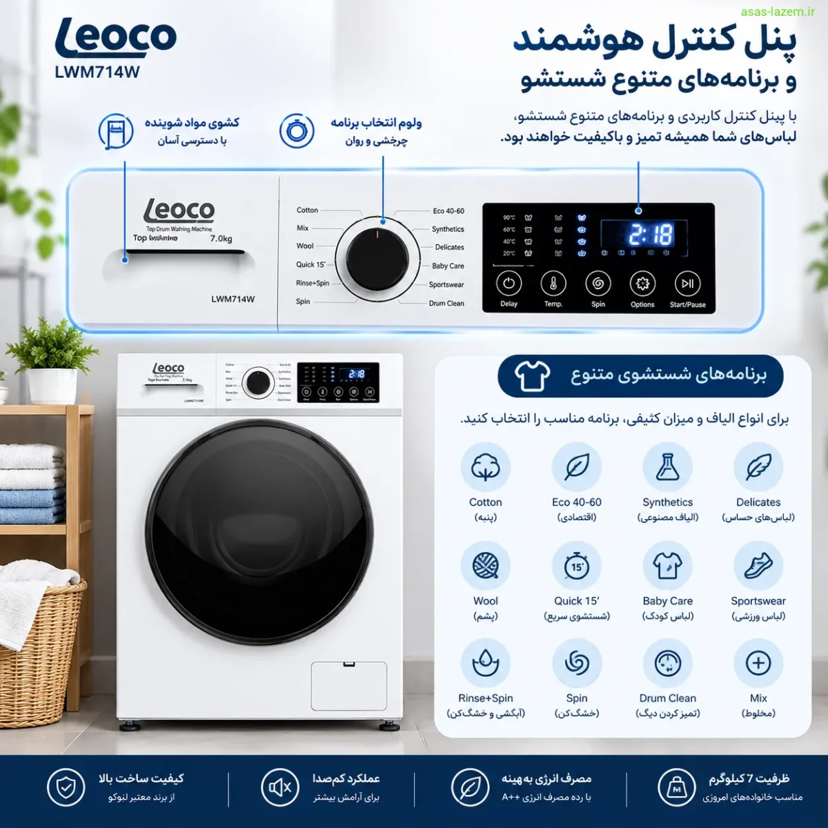 پنل کنترل و برنامه‌های شستشوی لئوکو LWM714W
