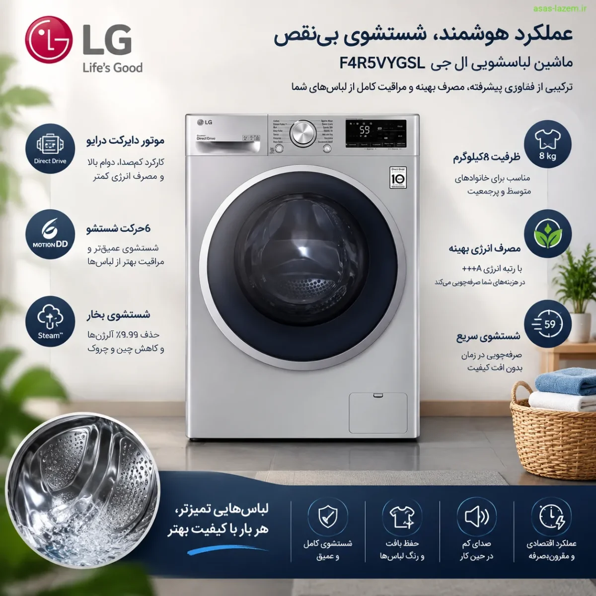 عملکرد و کارایی ماشین لباسشویی ال جی F4R5VYGSL