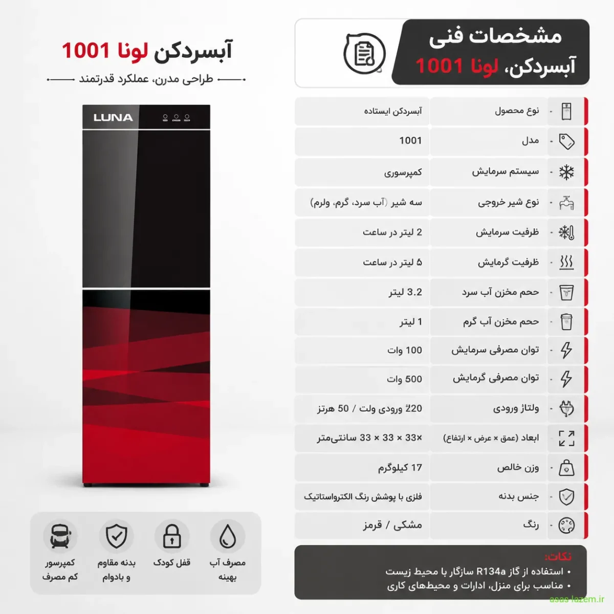 مشخصات فنی آبسردکن لونا 1001