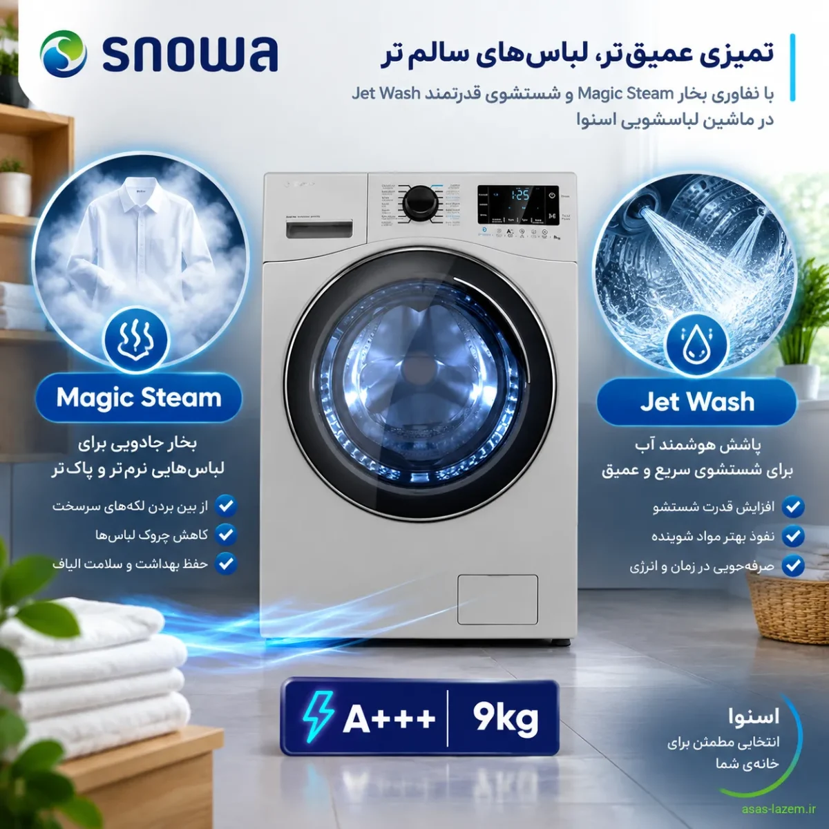 فناوری بخار Magic Steam و Jet Wash در ماشین لباسشویی اسنوا