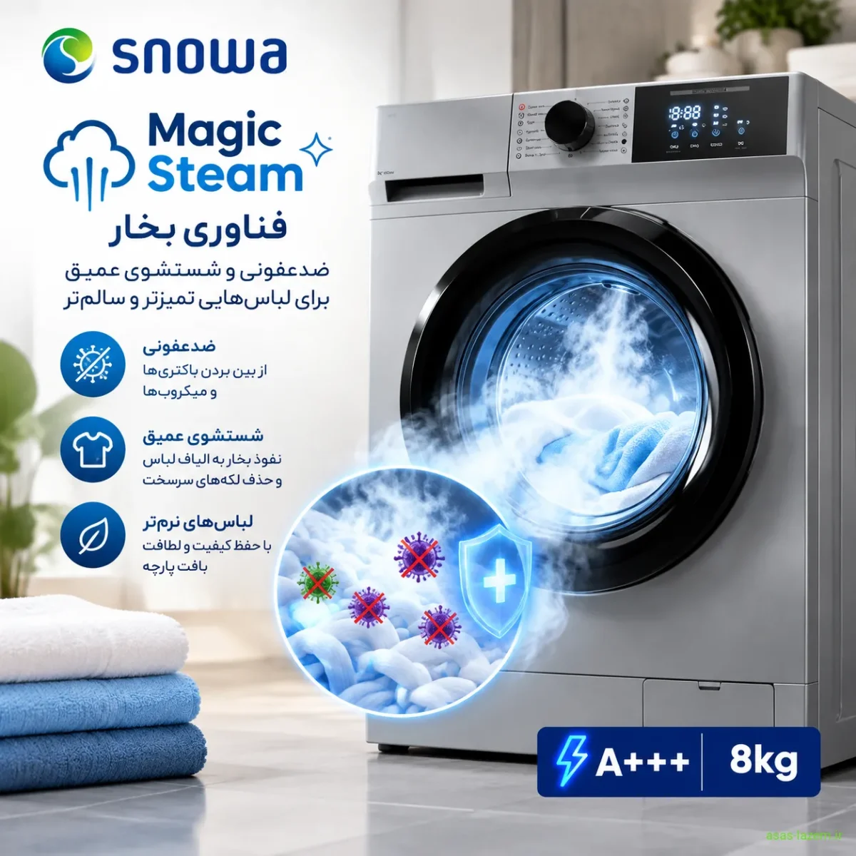 فناوری بخار Magic Steam برای ضدعفونی و شستشوی عمیق در ماشین لباسشویی اسنوا