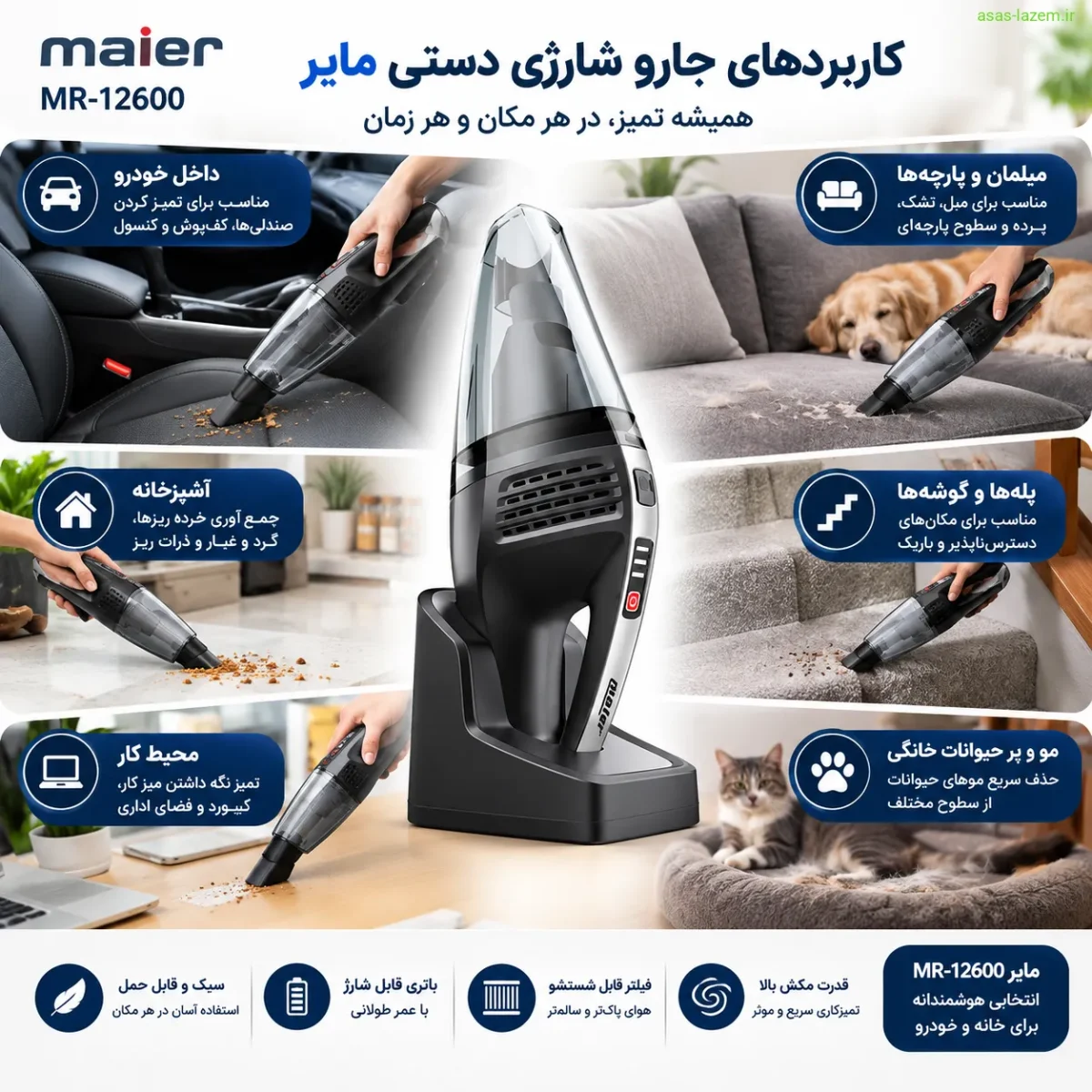 کاربردهای جارو شارژی دستی مایر MR-12600 کاربردهای جارو شارژی دستی مایر MR-12600