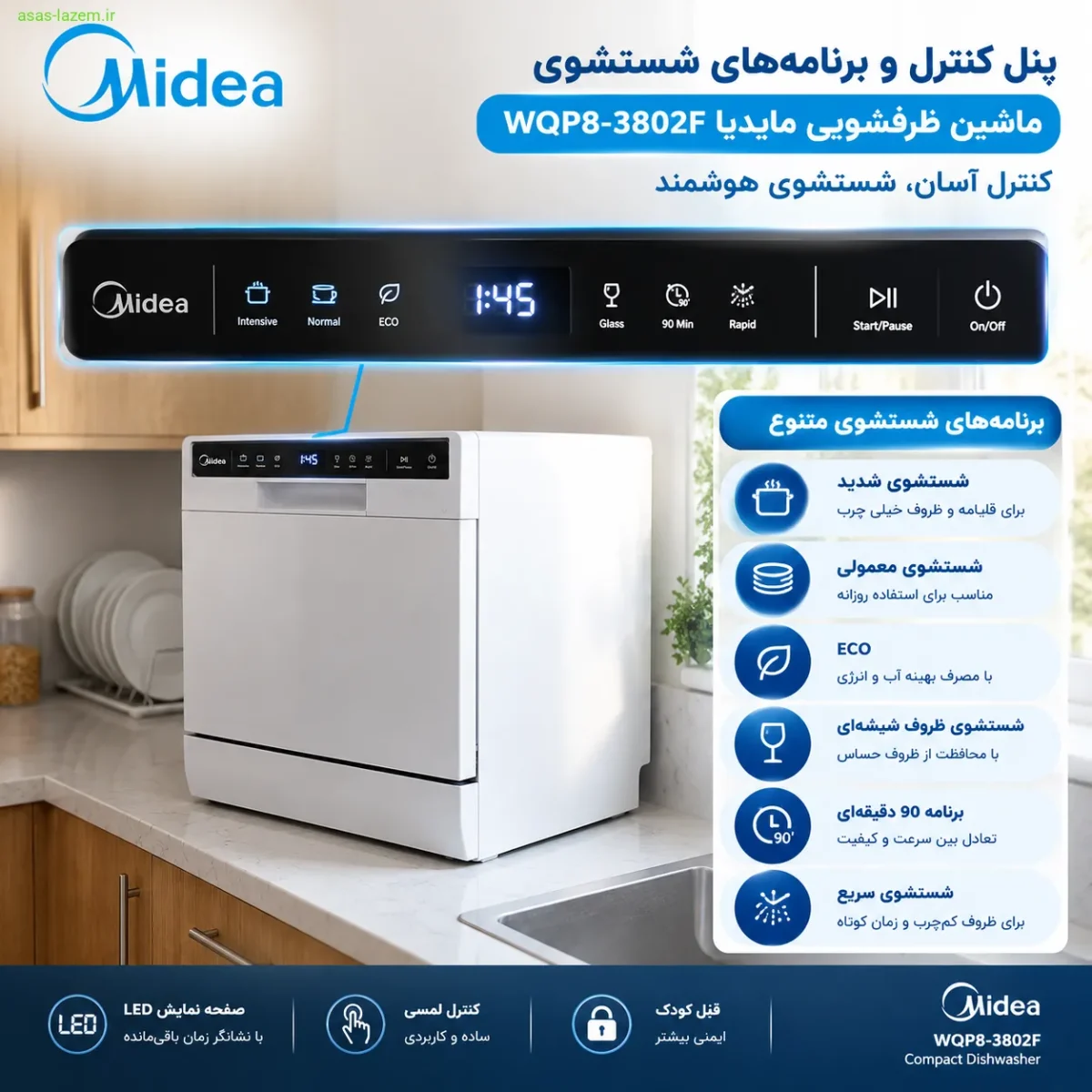 پنل کنترل و برنامه‌های شستشوی ماشین ظرفشویی مایدیا WQP8-3802F