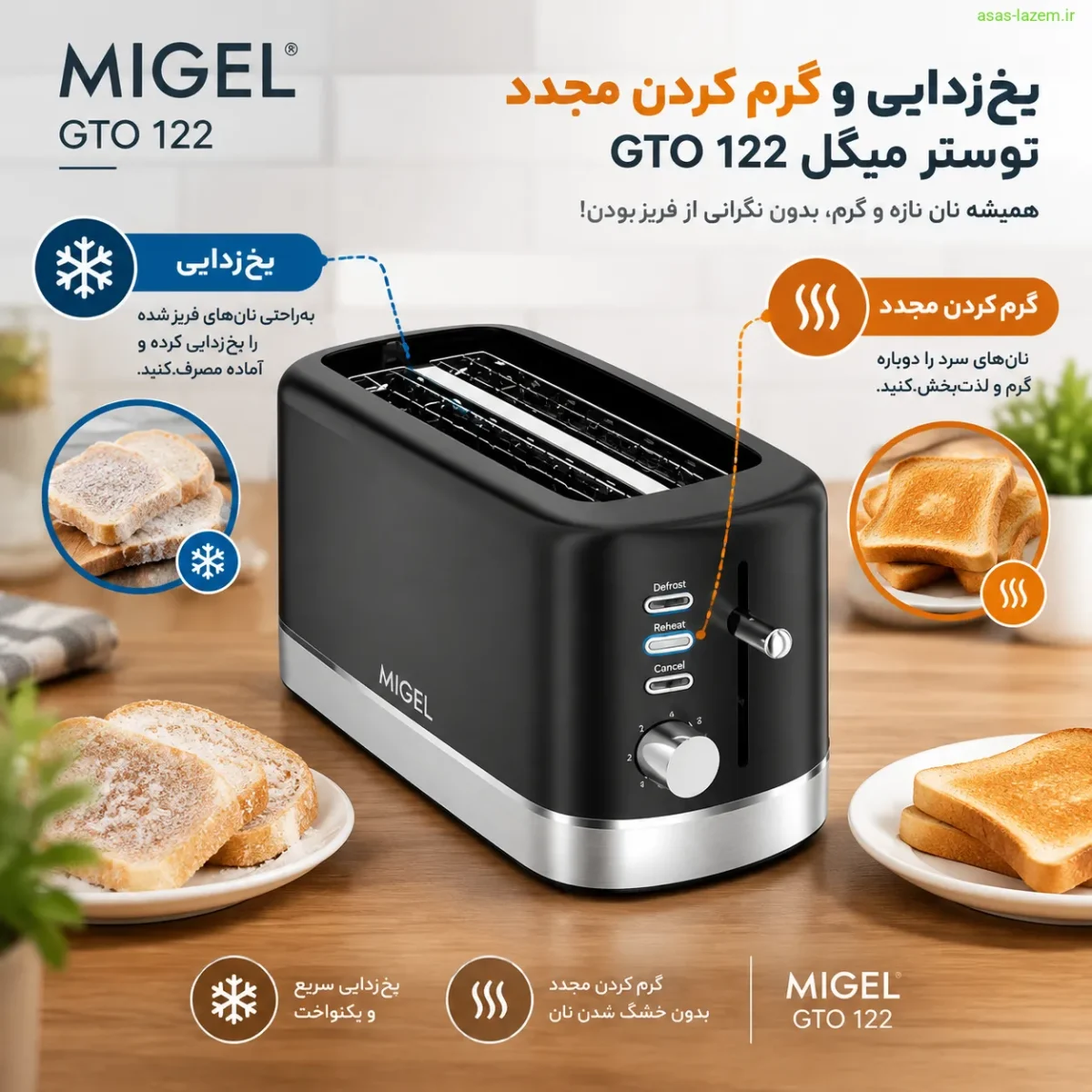 قابلیت یخ‌زدایی و گرم کردن مجدد توستر میگل GTO 122