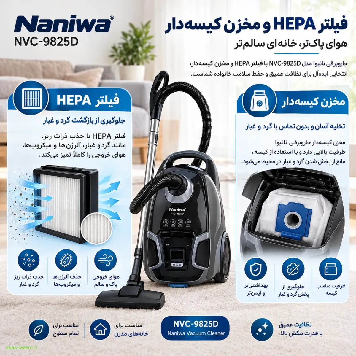 فیلتر HEPA و مخزن کیسه‌دار جاروبرقی نانیوا NVC-9825D