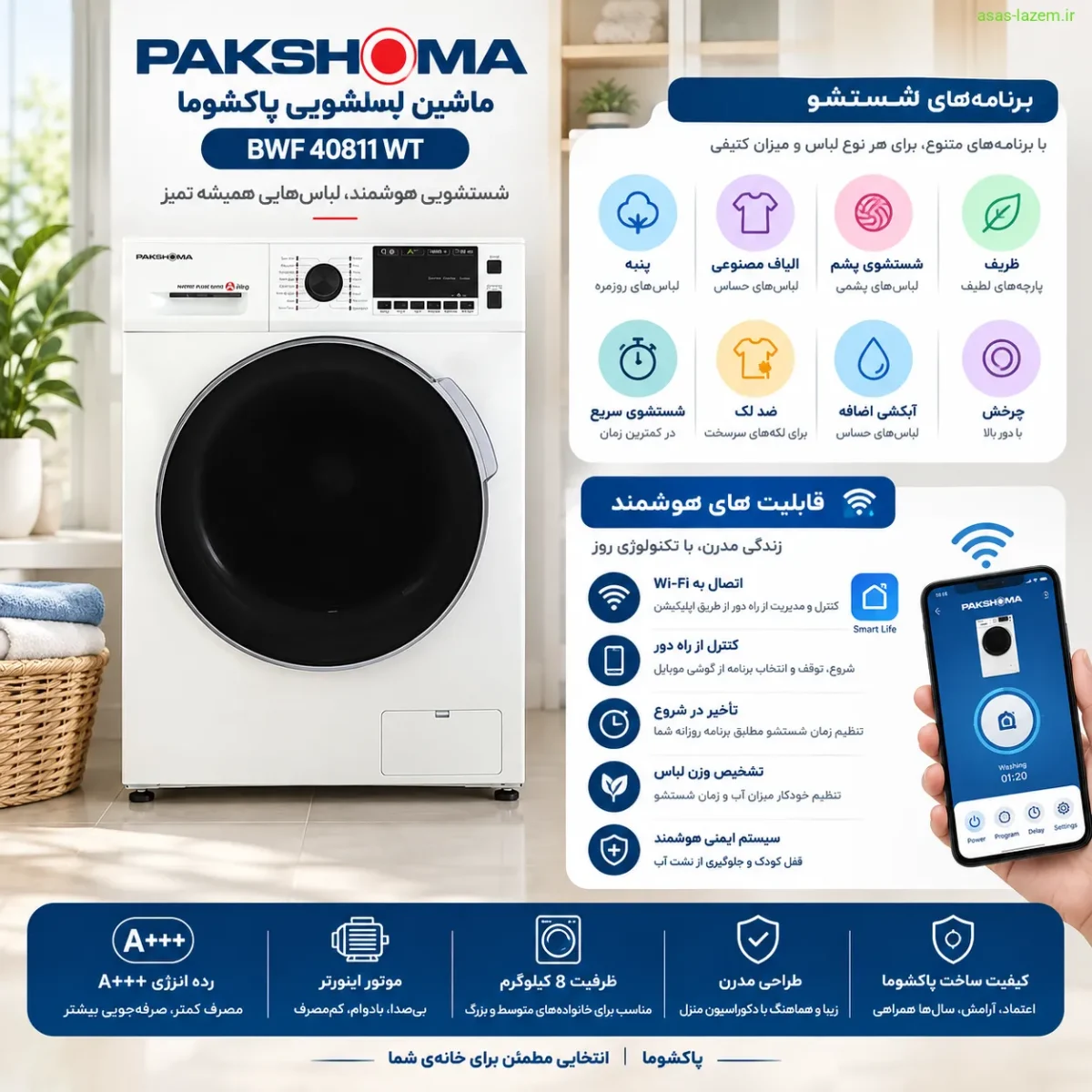 برنامه‌های شستشو و قابلیت‌های هوشمند ماشین لباسشویی پاکشوما BWF 40811 WT